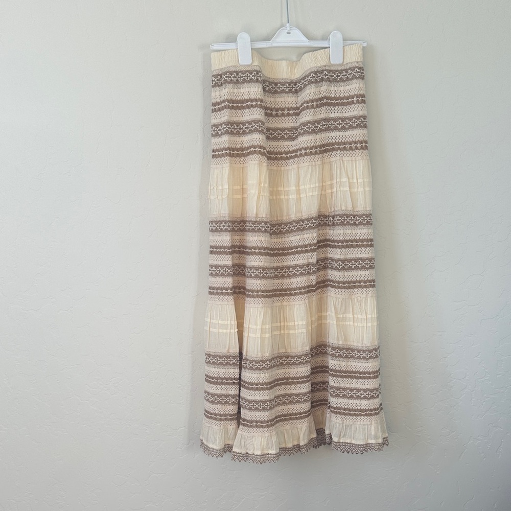 Chico's Cream and Brown Tiered Maxi Skirt
